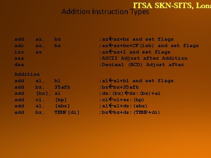 Addition Instruction Types add adc inc aaa daa ax, ax Addition add al, add