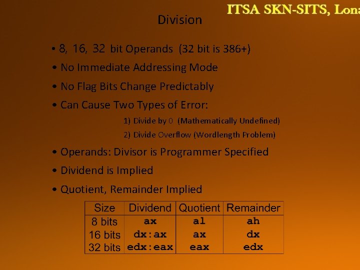 Division • 8, 16, 32 bit Operands (32 bit is 386+) • No Immediate