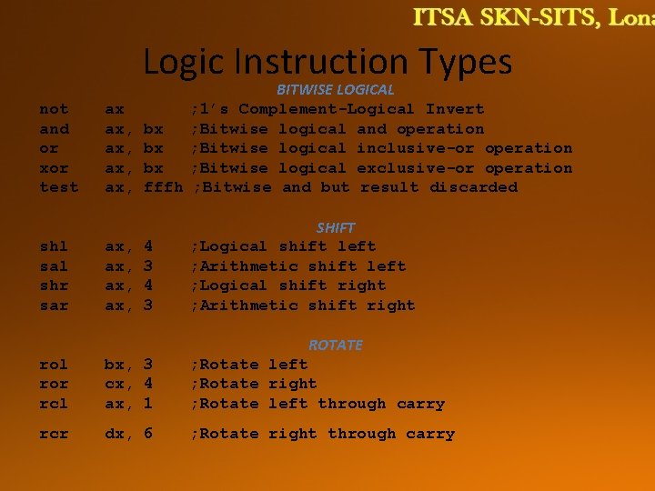 Logic Instruction Types not and or xor test shl sal shr sar ax ax,