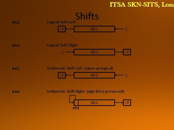 shl - Shifts Logical Shift Left CF shr - - - REG CF Arithmetic