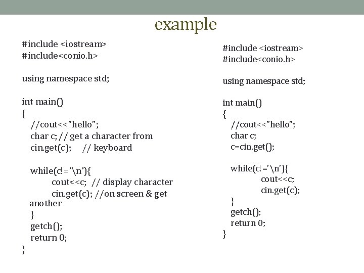 example #include <iostream> #include<conio. h> using namespace std; int main() { //cout<<"hello"; char c;