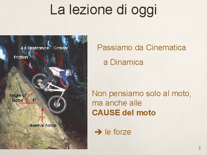 La lezione di oggi Passiamo da Cinematica a Dinamica Non pensiamo solo al moto, La lezione di oggi Passiamo da Cinematica a Dinamica Non pensiamo solo al moto,