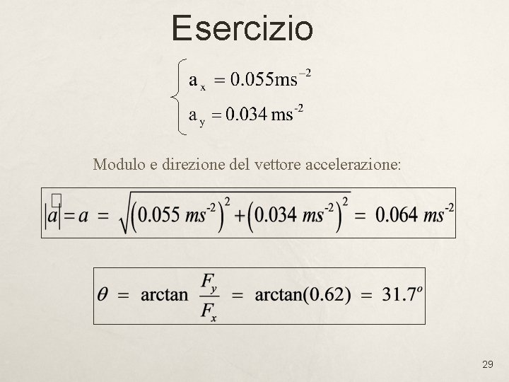 Esercizio Modulo e direzione del vettore accelerazione: 29 Esercizio Modulo e direzione del vettore accelerazione: 29