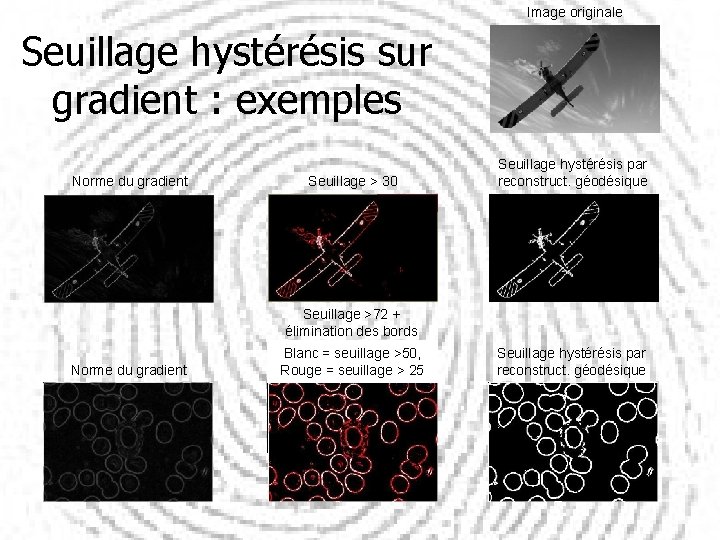 Image originale Seuillage hystérésis sur gradient : exemples Norme du gradient Seuillage > 30