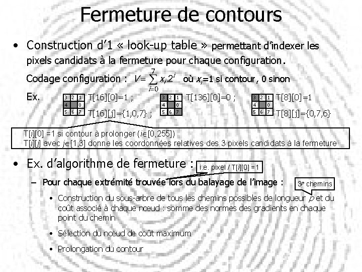 Fermeture de contours • Construction d’ 1 « look-up table » permettant d’indexer les