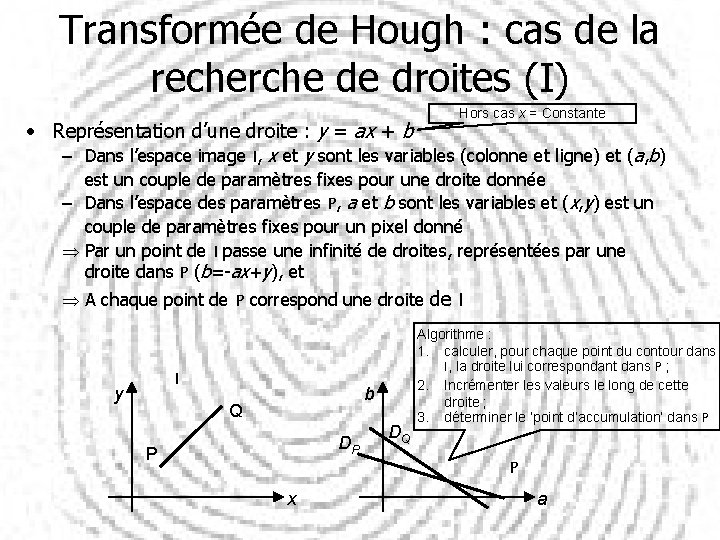 Transformée de Hough : cas de la recherche de droites (I) • Représentation d’une