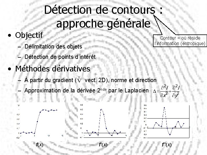  • Objectif Détection de contours : approche générale Contour = où réside l’information