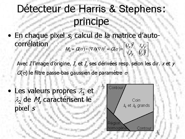 Détecteur de Harris & Stephens: principe • En chaque pixel s, calcul de la