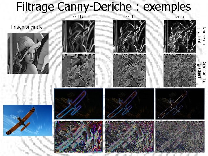 Filtrage Canny-Deriche : exemples a=0. 5 a=5 Norme du gradient Image originale a=1 Direction