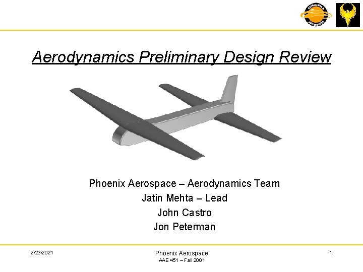 Aerodynamics Preliminary Design Review Phoenix Aerospace – Aerodynamics Team Jatin Mehta – Lead John