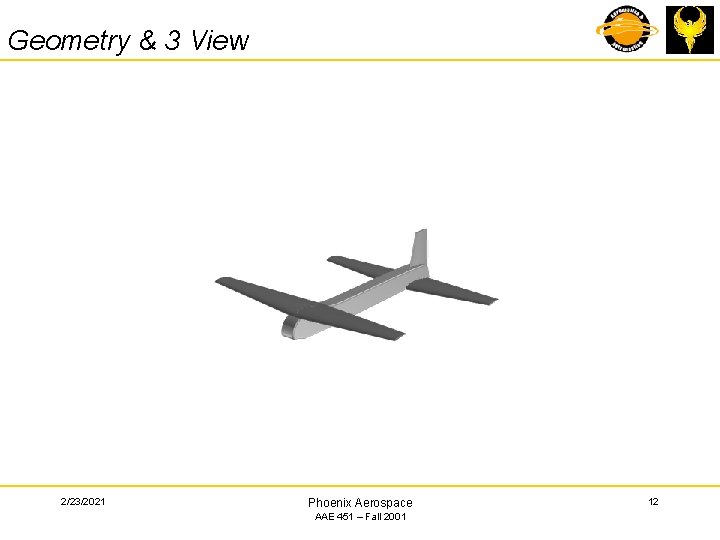 Geometry & 3 View 2/23/2021 Phoenix Aerospace AAE 451 – Fall 2001 12 