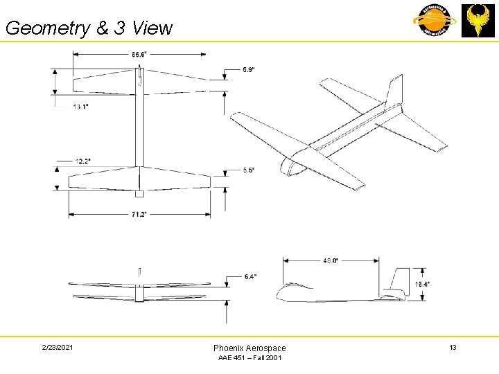Geometry & 3 View 2/23/2021 Phoenix Aerospace AAE 451 – Fall 2001 13 