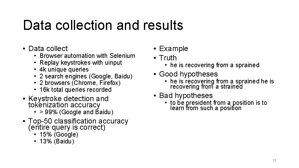 Data collection and results • Data collect • • • Browser automation with Selenium