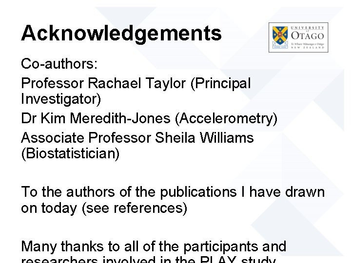 Acknowledgements Co-authors: Professor Rachael Taylor (Principal Investigator) Dr Kim Meredith-Jones (Accelerometry) Associate Professor Sheila