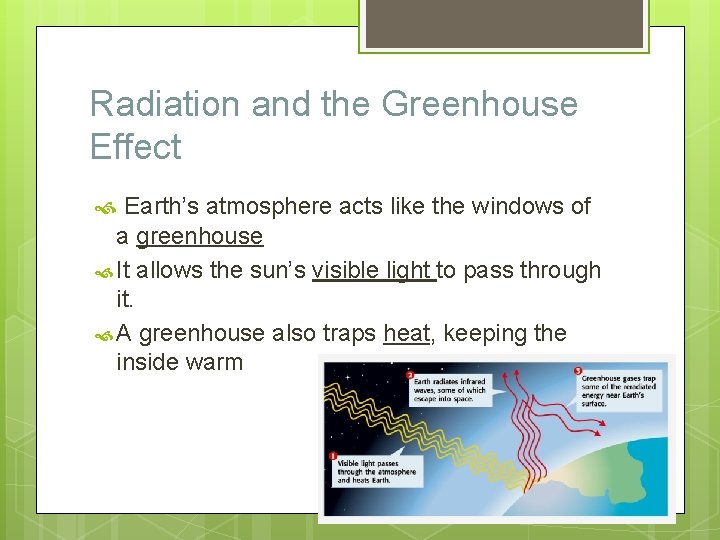Radiation and the Greenhouse Effect Earth’s atmosphere acts like the windows of a greenhouse
