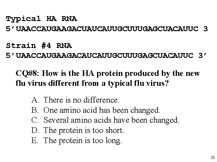 Typical HA RNA 5’UAACCAUGAAGACUAUCAUUGCUUUGAGCUACAUUC 3 Strain #4 RNA 5’UAACCAUGAAGACAUCAUUGCUUUGAGCUACAUUC 3’ CQ#8: How is the