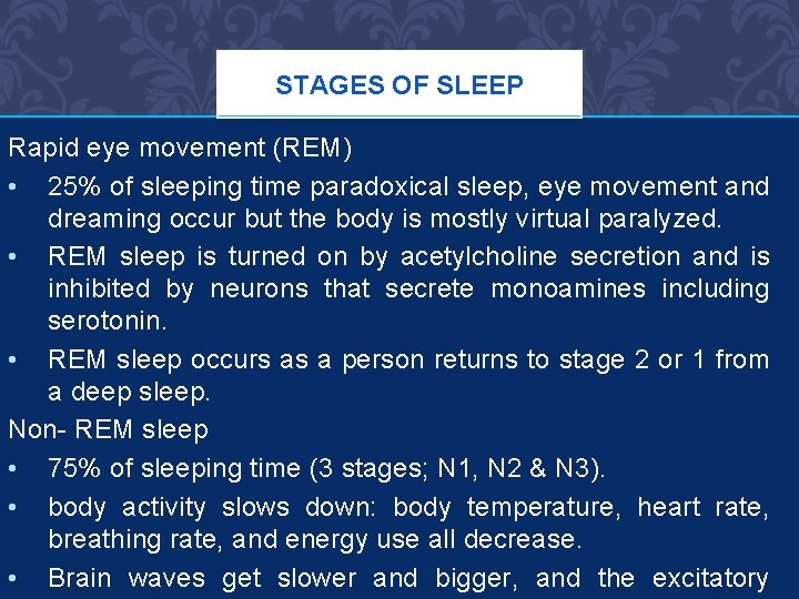 STAGES OF SLEEP Rapid eye movement (REM) • 25% of sleeping time paradoxical sleep,