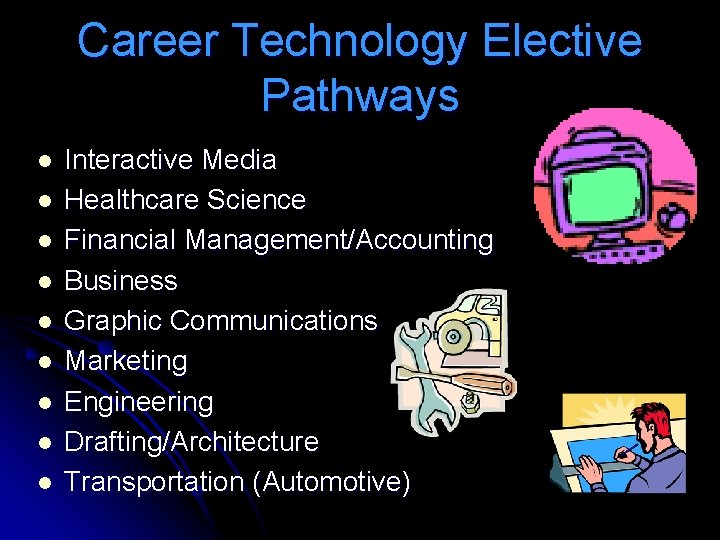 Career Technology Elective Pathways l l l l l Interactive Media Healthcare Science Financial