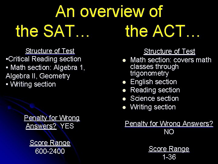 An overview of the SAT… the ACT… Structure of Test • Critical Reading section