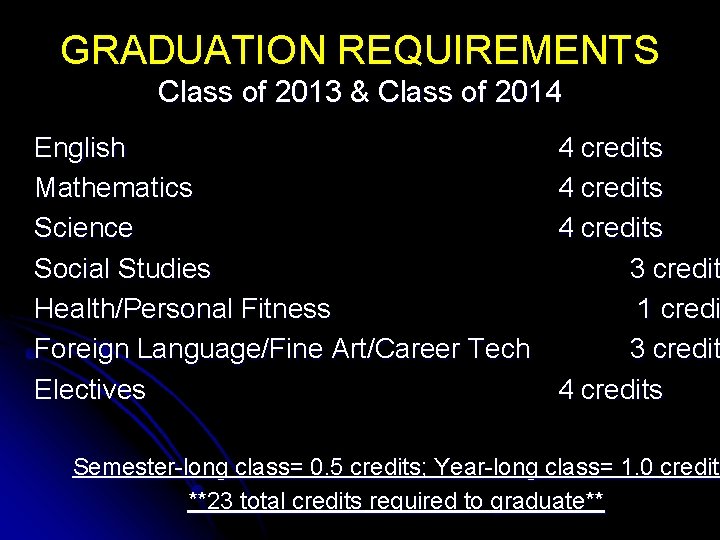 GRADUATION REQUIREMENTS Class of 2013 & Class of 2014 English Mathematics Science Social Studies