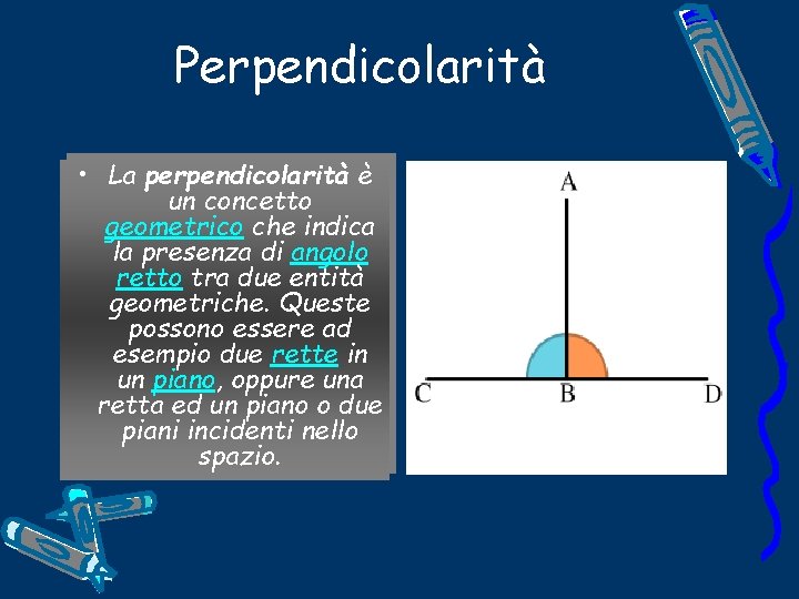 Perpendicolarità • La perpendicolarità è un concetto geometrico che indica la presenza di angolo