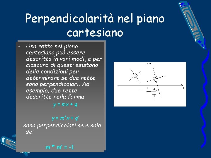 Perpendicolarità nel piano cartesiano • Una retta nel piano cartesiano può essere descritta in