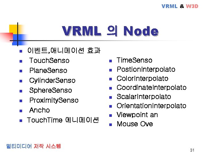 VRML & W 3 D VRML 의 Node n n n n 이벤트, 애니메이션