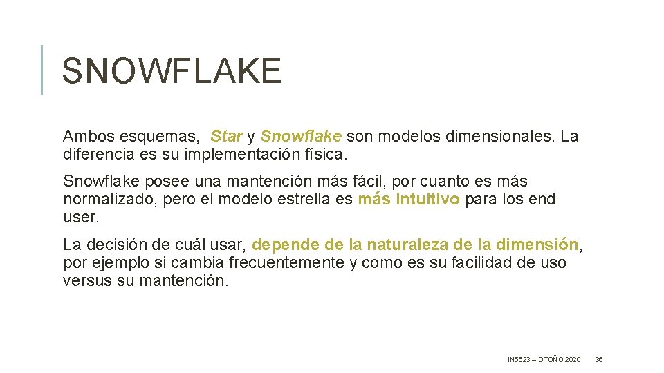 SNOWFLAKE Ambos esquemas, Star y Snowflake son modelos dimensionales. La diferencia es su implementación