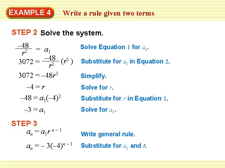 EXAMPLE 4 Write a rule given two terms STEP 2 Solve the system. –