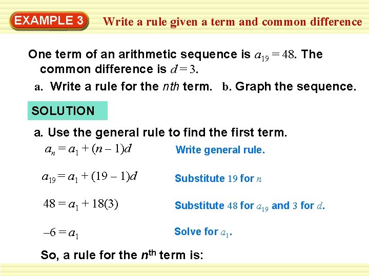 EXAMPLE 3 Write a rule given a term and common difference One term of