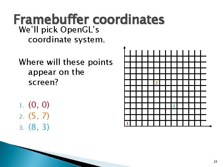 Framebuffer coordinates We’ll pick Open. GL’s coordinate system. Where will these points appear on