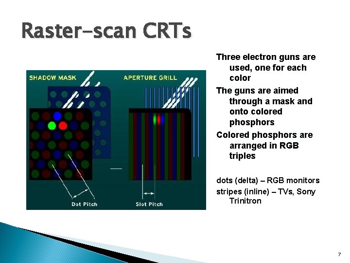 Raster-scan CRTs Three electron guns are used, one for each color The guns are