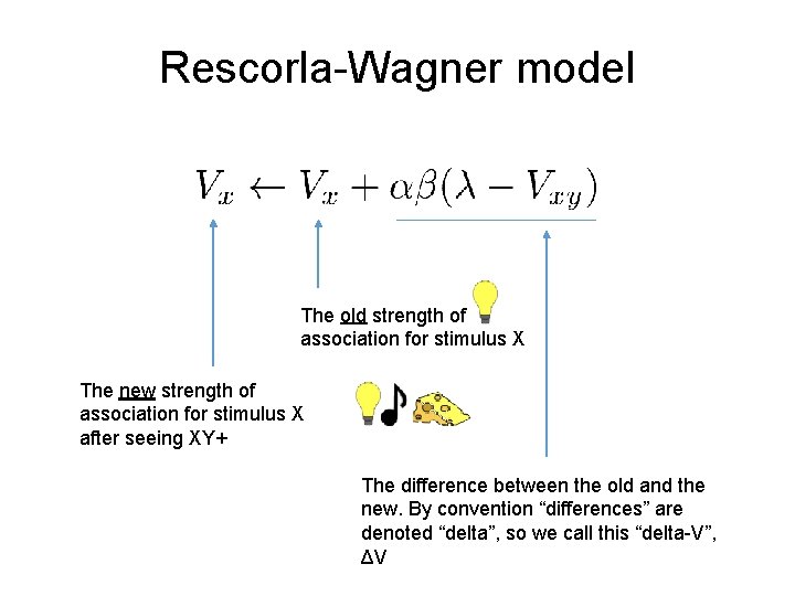 Rescorla-Wagner model The old strength of association for stimulus X The new strength of