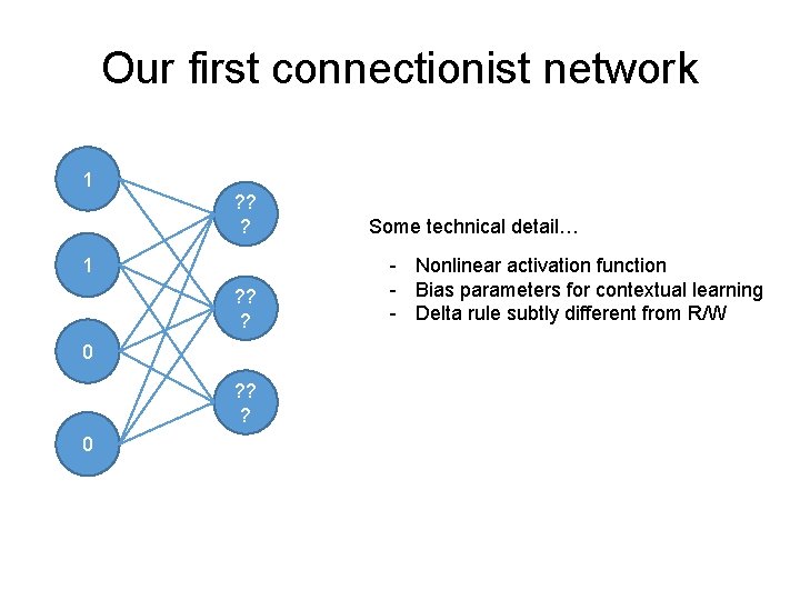 Our first connectionist network 1 ? ? ? 0 Some technical detail… - Nonlinear