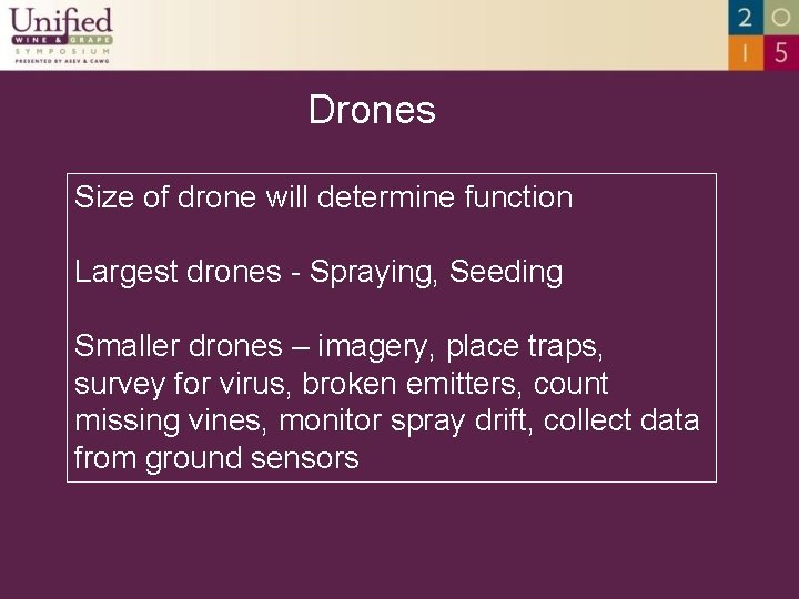Drones Size of drone will determine function Largest drones - Spraying, Seeding Smaller drones