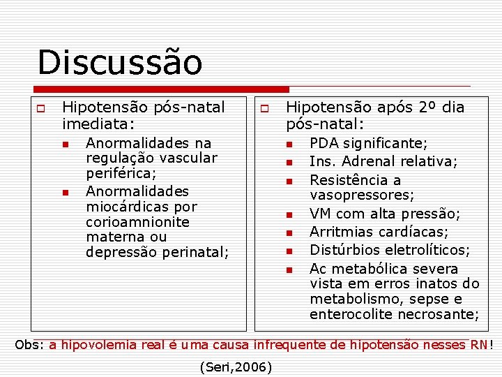 Discussão o Hipotensão pós-natal imediata: n n o Anormalidades na regulação vascular periférica; Anormalidades