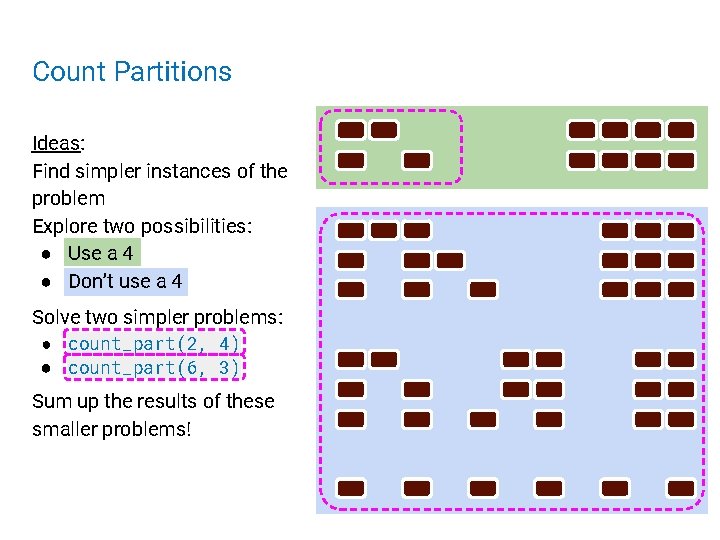 Count Partitions Ideas: Find simpler instances of the problem Explore two possibilities: ● Use