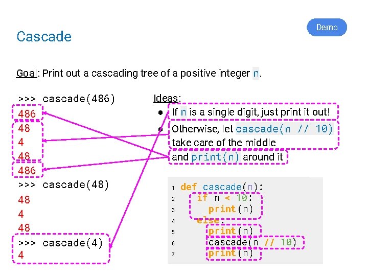 Demo Cascade Goal: Print out a cascading tree of a positive integer n. >>>