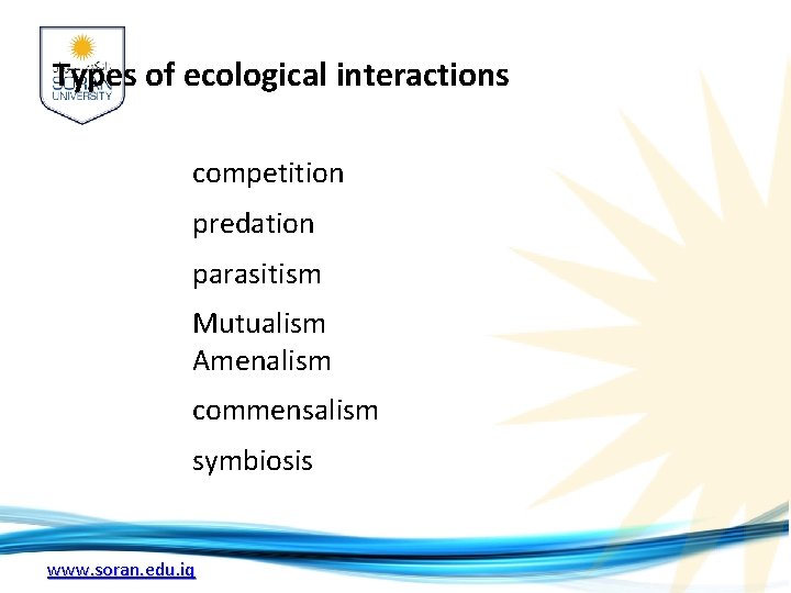 Types of ecological interactions competition predation parasitism Mutualism Amenalism commensalism symbiosis www. soran. edu.