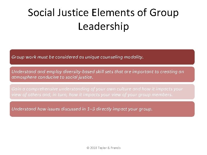 Social Justice Elements of Group Leadership Group work must be considered as unique counseling
