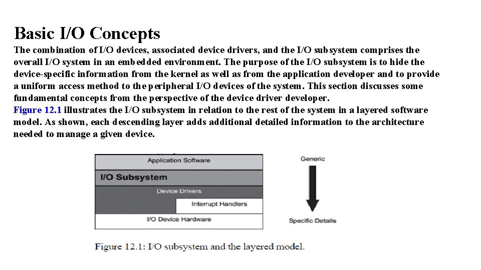 Basic I/O Concepts The combination of I/O devices, associated device drivers, and the I/O