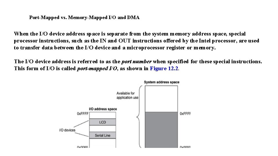 Port-Mapped vs. Memory-Mapped I/O and DMA When the I/O device address space is separate