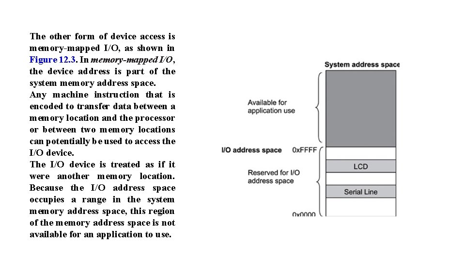 The other form of device access is memory-mapped I/O, as shown in Figure 12.