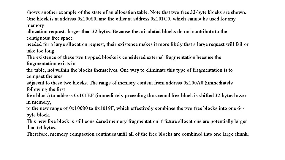 shows another example of the state of an allocation table. Note that two free