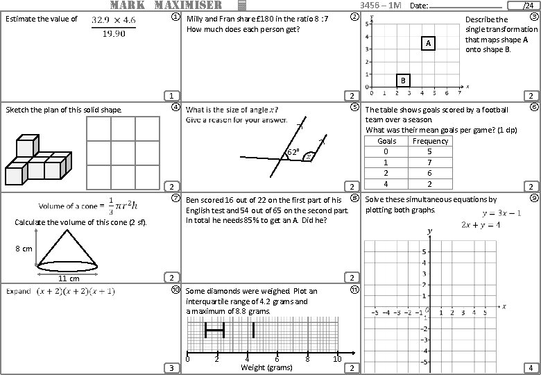 MARK MAXIMISER Estimate the value of 3456 – 1 M Date: ① Milly and