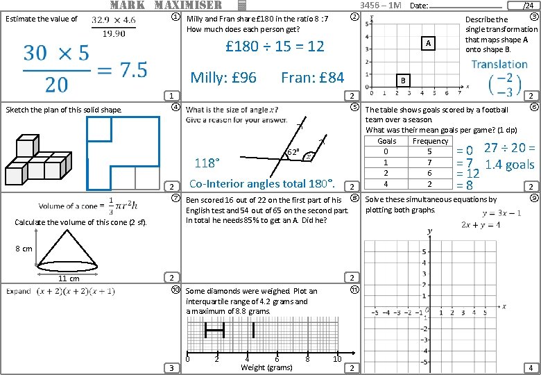 MARK MAXIMISER Estimate the value of 3456 – 1 M Date: ① Milly and