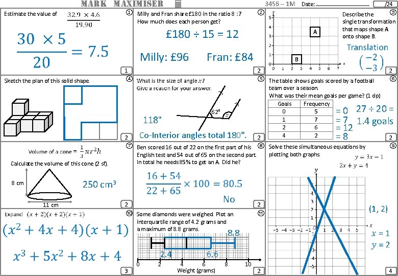  MARK MAXIMISER Estimate the value of 3456 – 1 M Date: ① Milly