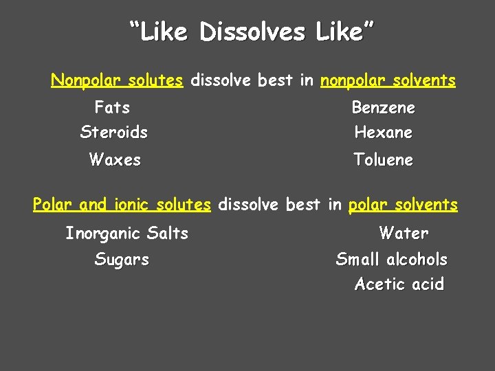 “Like Dissolves Like” Nonpolar solutes dissolve best in nonpolar solvents Fats Steroids Benzene Hexane “Like Dissolves Like” Nonpolar solutes dissolve best in nonpolar solvents Fats Steroids Benzene Hexane