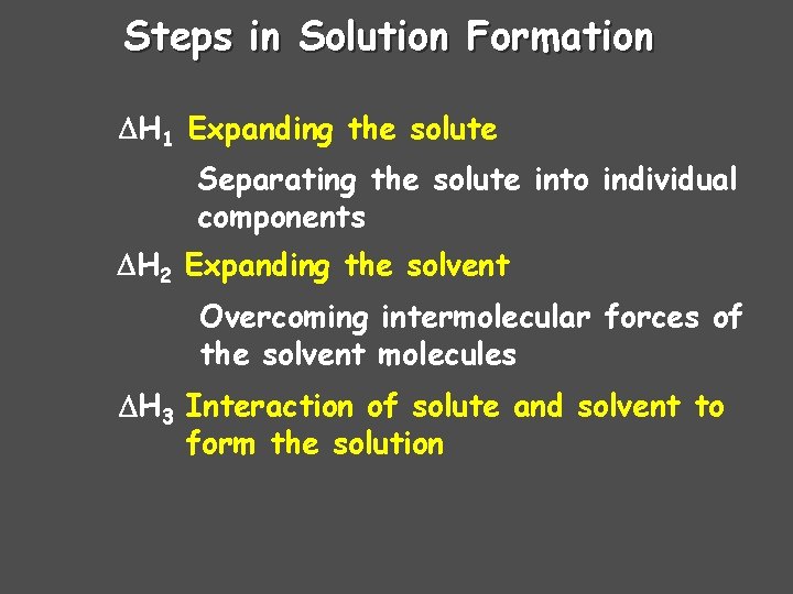 Steps in Solution Formation H 1 Expanding the solute Separating the solute into individual Steps in Solution Formation H 1 Expanding the solute Separating the solute into individual