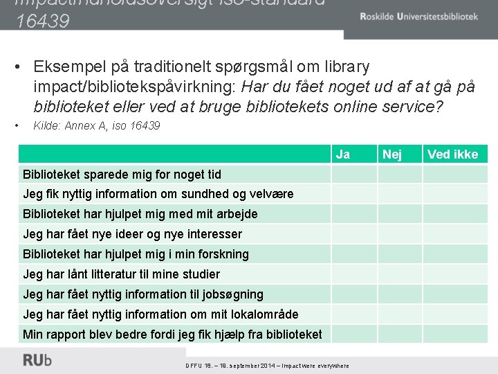 Impact. Indholdsoversigt iso-standard 16439 • Eksempel på traditionelt spørgsmål om library impact/bibliotekspåvirkning: Har du